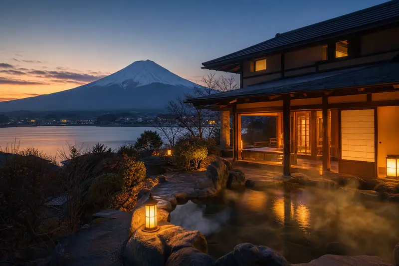 河口湖東岸溫泉旅館夜景與遠處富士山