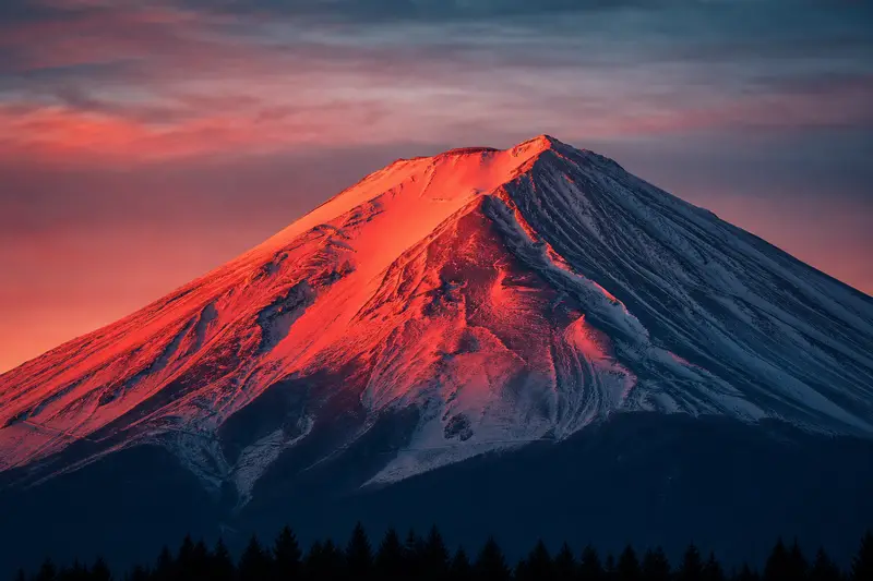 富士山日出時山頂染紅紅富士