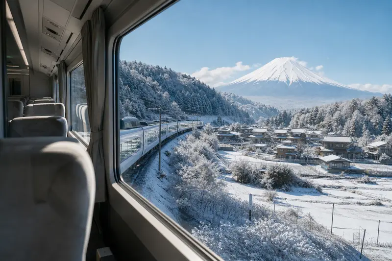 富士回遊車內窗景雪地田園與遠方富士山