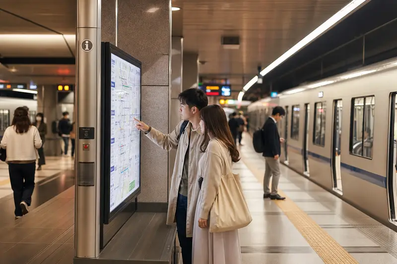 福岡地鐵車站內旅人確認住宿與祭典動線。