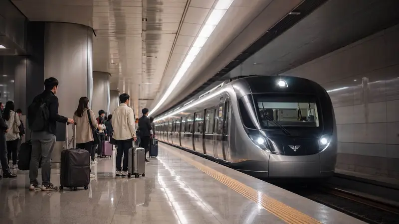 仁川機場 AREX 機場鐵路月台與準備搭車的旅客。