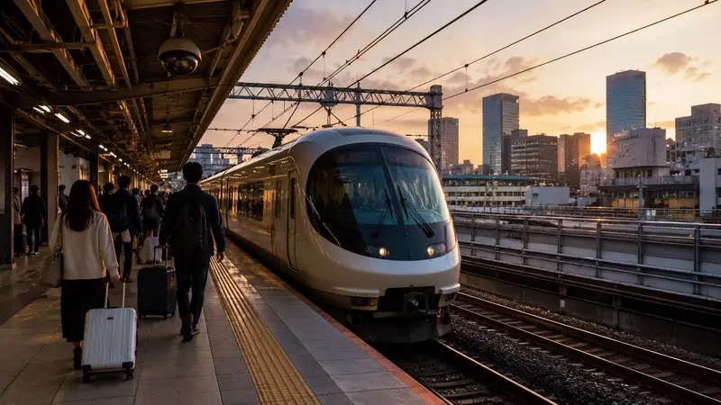 關西機場前往大阪市區的電車與旅客行李畫面
