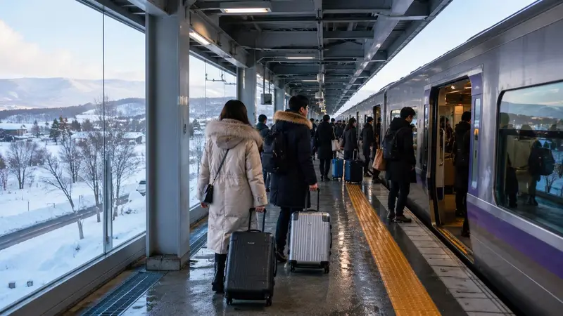 北海道新千歲機場冬季鐵道月台與準備前往札幌的旅客