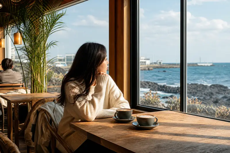 濟州涯月冬季海景咖啡廳室內窗景。
