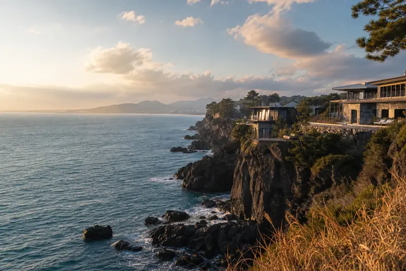 西歸浦冬季海岸與峭壁海景。