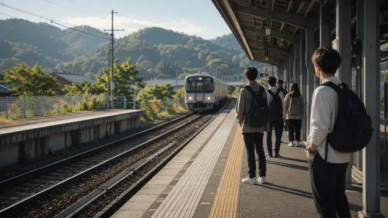從東京市區搭電車前往讀賣樂園的近郊交通意象。