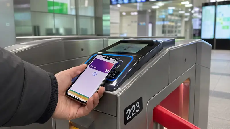 iPhone Tmoney 在首爾地鐵閘門感應示意