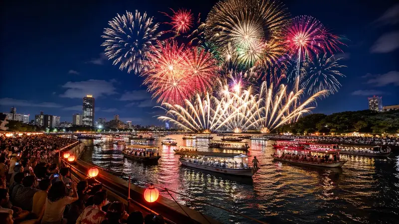 大阪天神祭奉納花火夜景