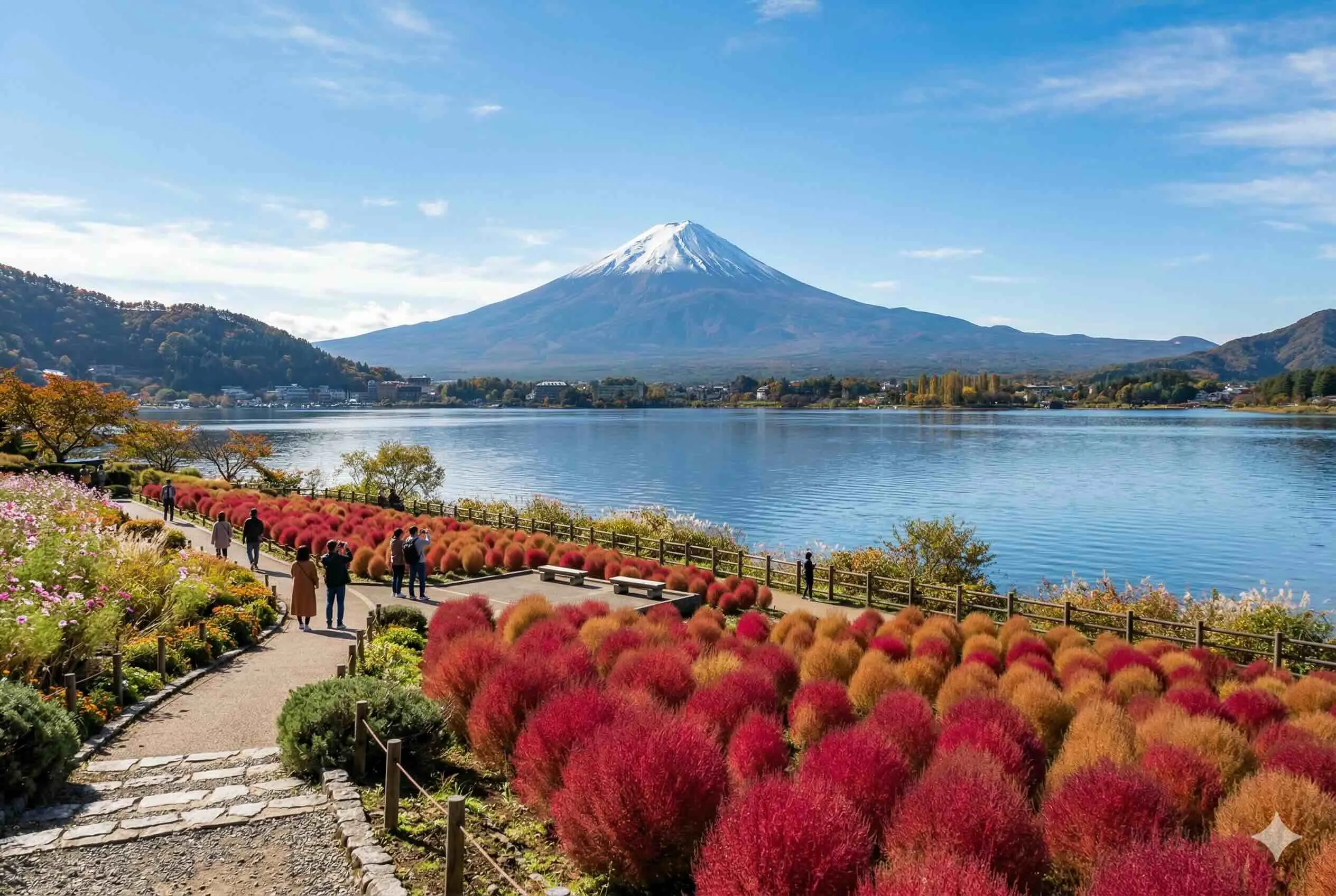 大石公園掃帚草與河口湖富士山