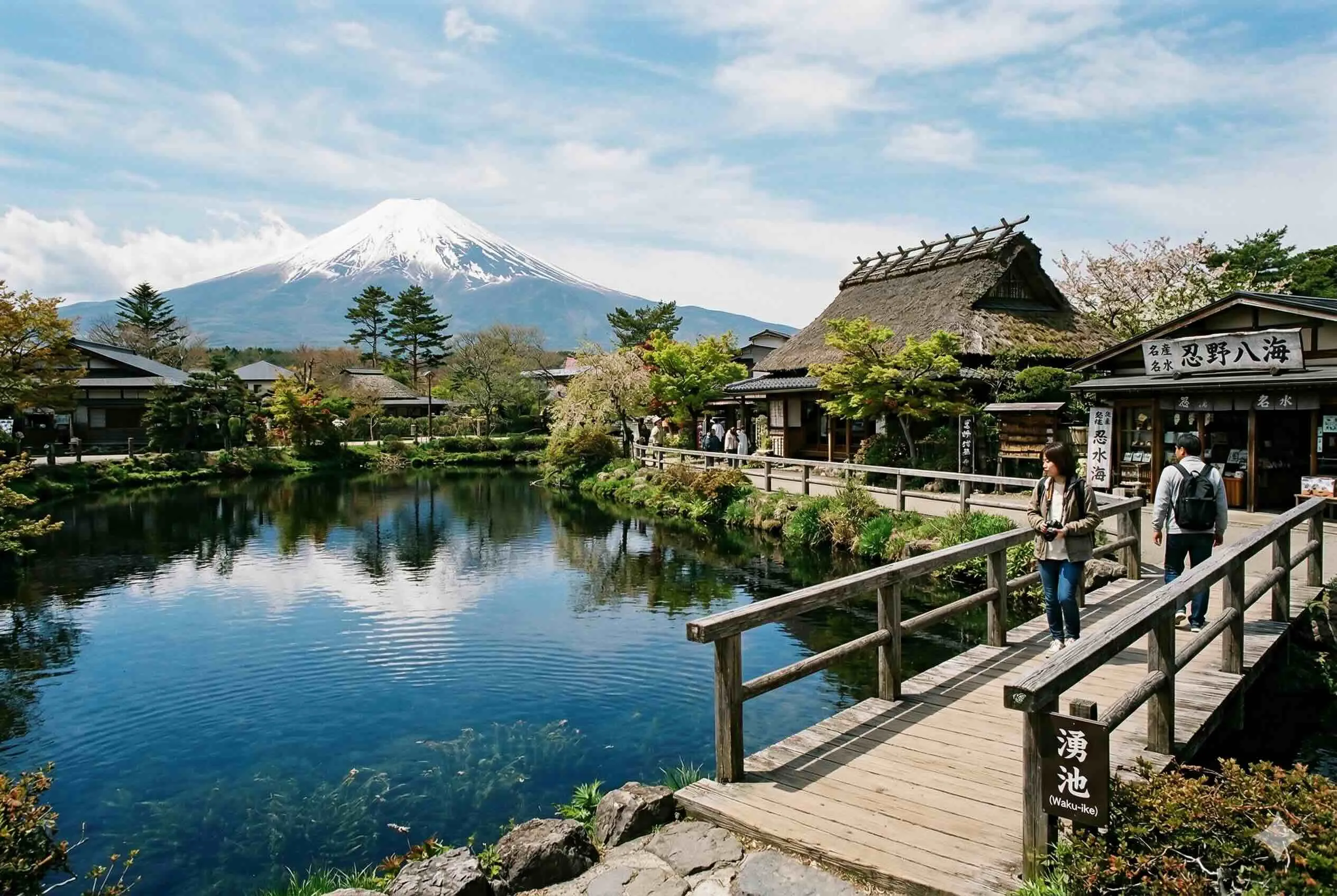 忍野八海清澈湧泉與富士山