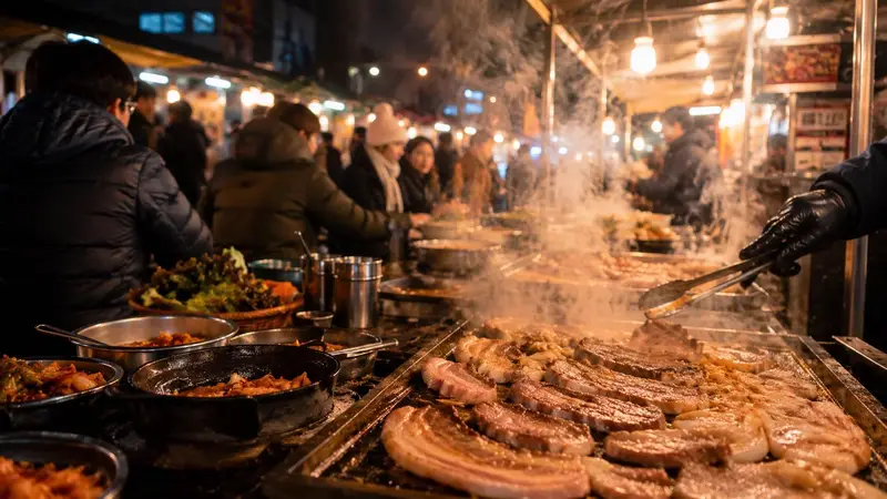 濟州東門市場冬季夜市黑豬肉